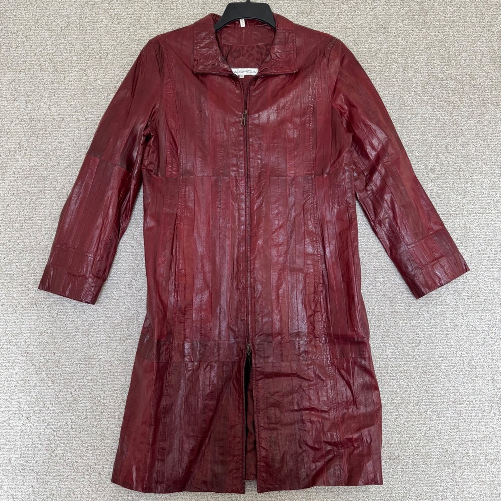 Via Spiga Trench Coat Womens XL Burgundy Genuine Leather Patchwork Long Jacket‎